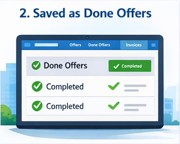Användaröversikt som visar slutförda transportuppdrag sparade som Slutförda offerter på ExusTrans